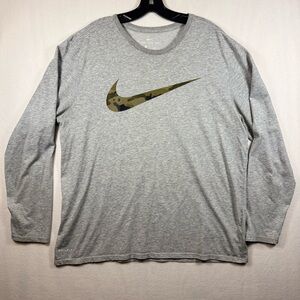 Nike Gray Long-Sleeve Shirt with Olive Camo Swoosh